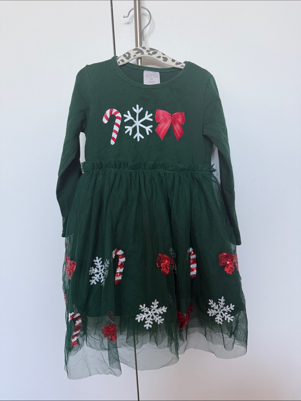 Girls Dark Green Holiday Tulle Dress with Candy Cane & Snowflake